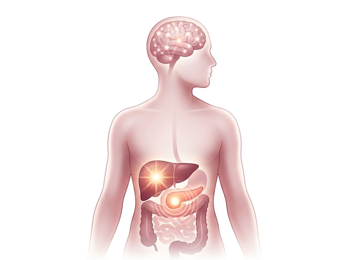 Ilustración anatómica médica de las tres señales metabólicas de retatrutida en cerebro, páncreas e hígado
